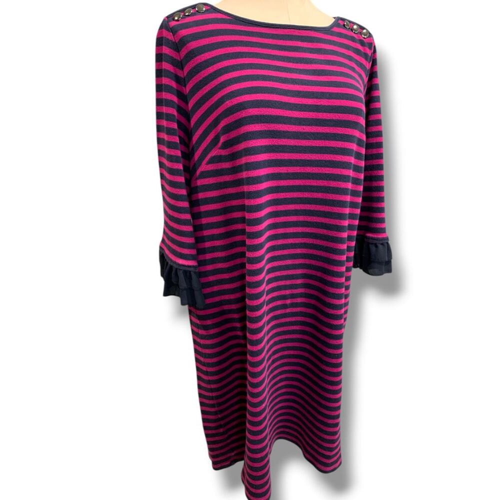 Size 1X Talbots Plus Size Womens Knit Dress Striped Magenta Navy Ruffle Sleeve